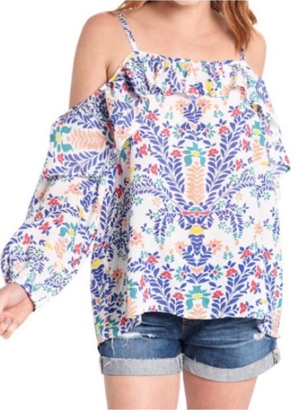 Roller Rabbit Cold-Shoulder Floral Ruffle Camisole - White Multi